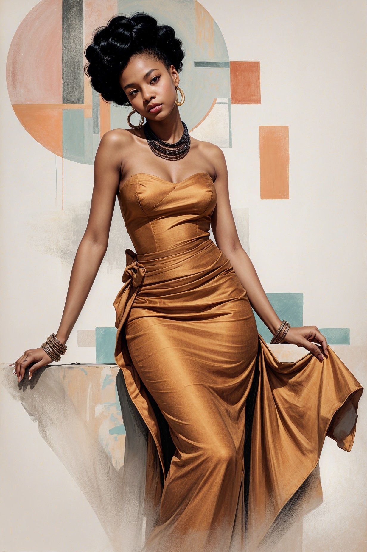 Elegant Model in Gold Strapless Gown with Geometric Backdrop