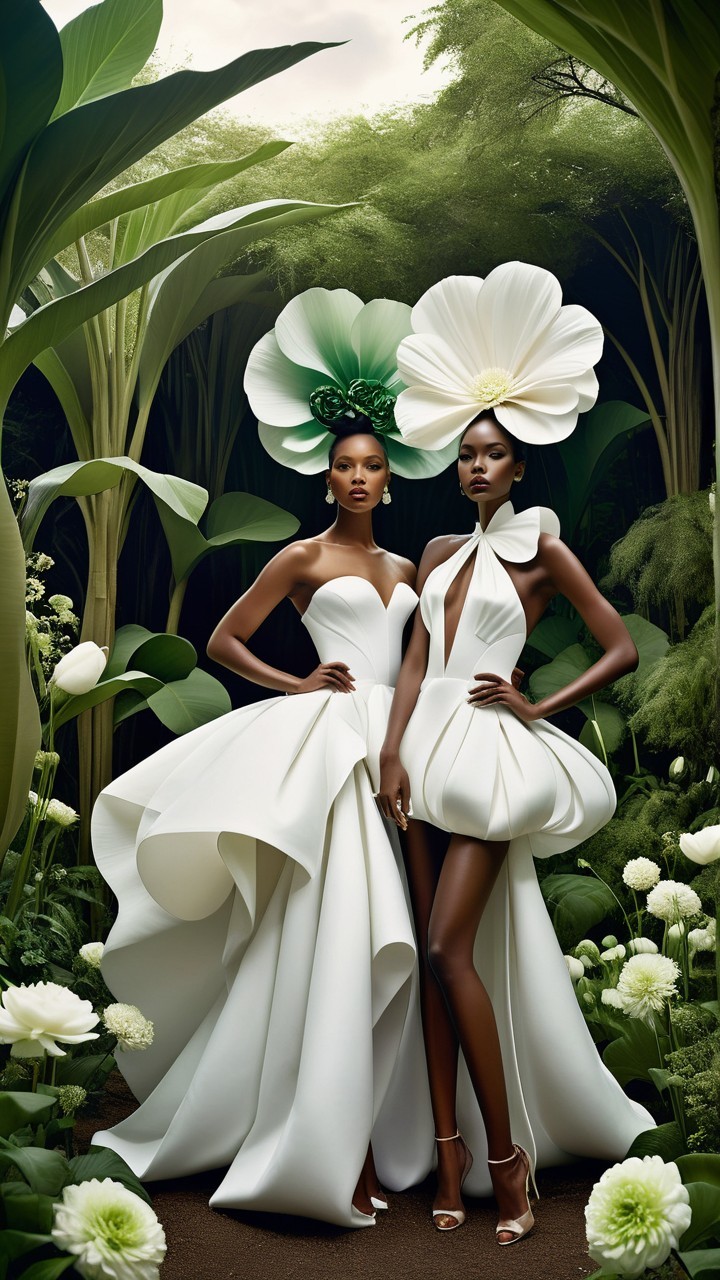Tropical Models in Elegant White Gowns with Floral Accents