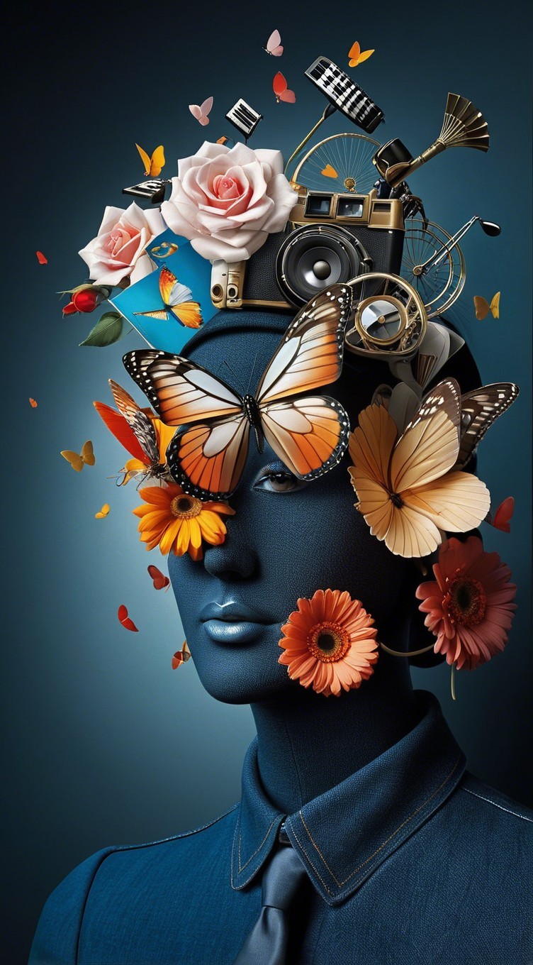 Stylized Bust with Blue Skin and Floral Elements