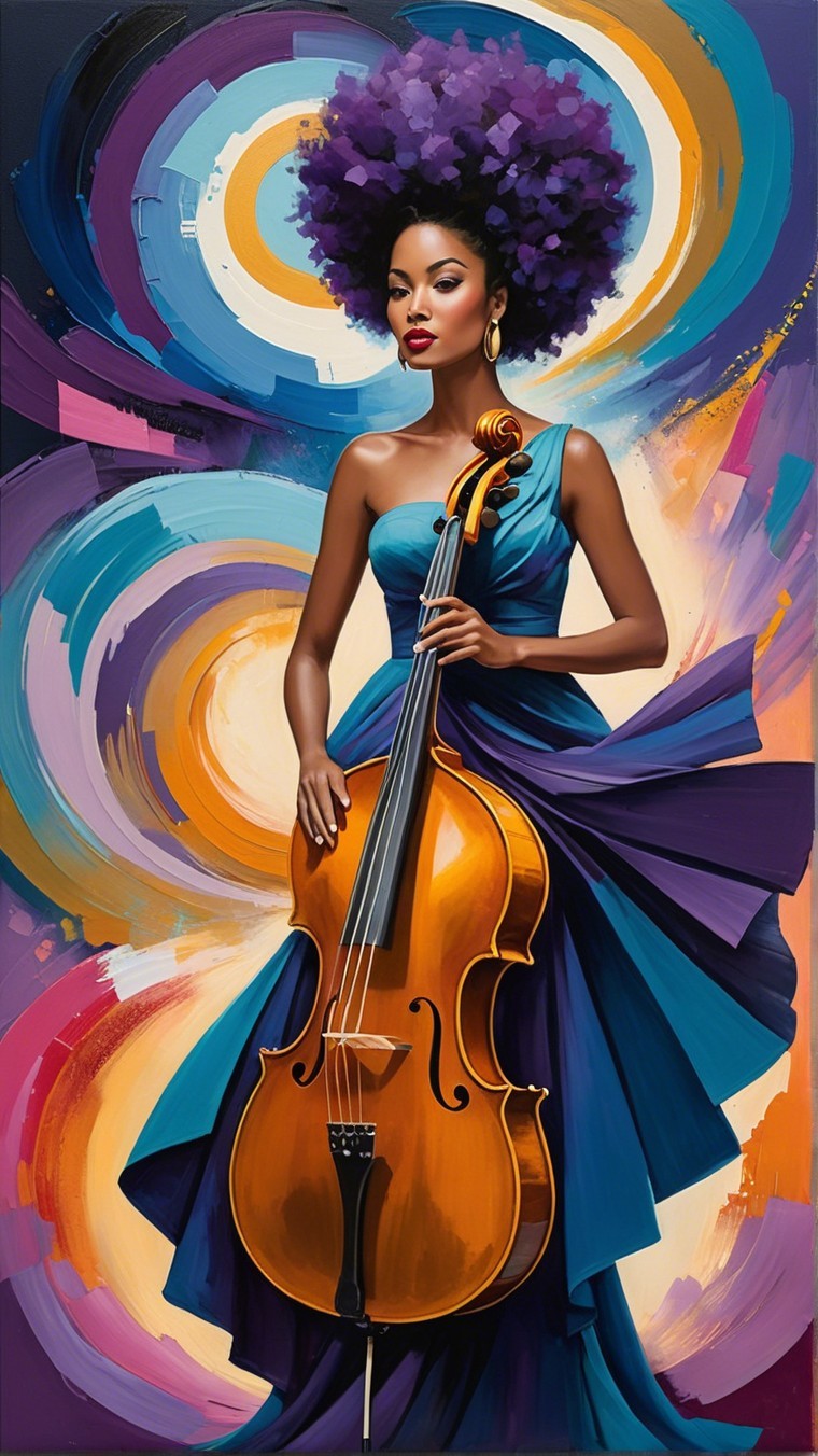 Portrait of a Woman with Afro and Cello in Colorful Background