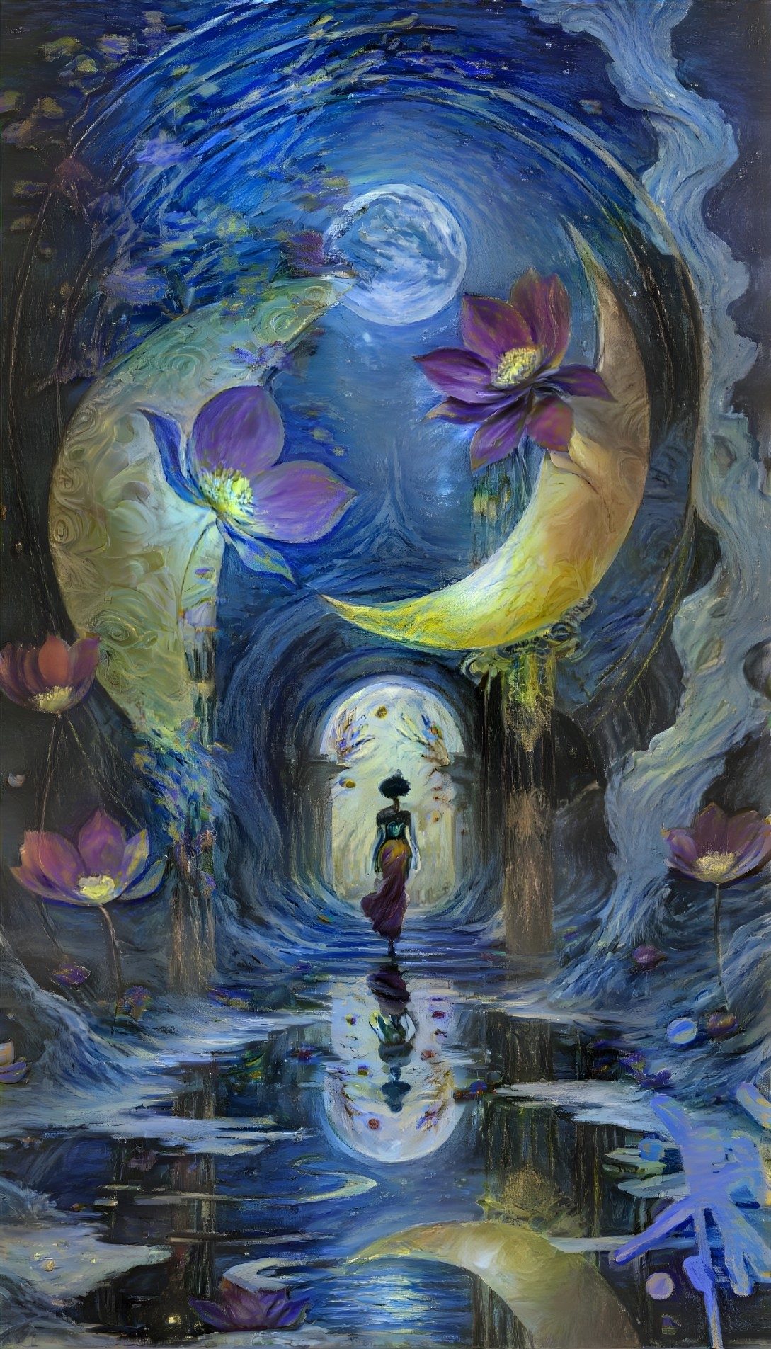 Mystical Scene with Crescent Moons and Vibrant Flowers