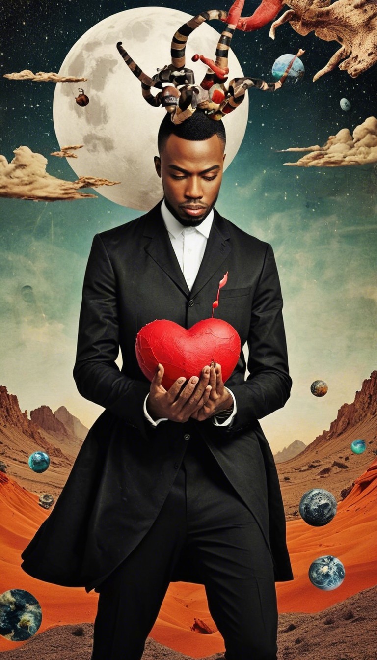 Man in Black Suit with Heart Against Cosmic Background