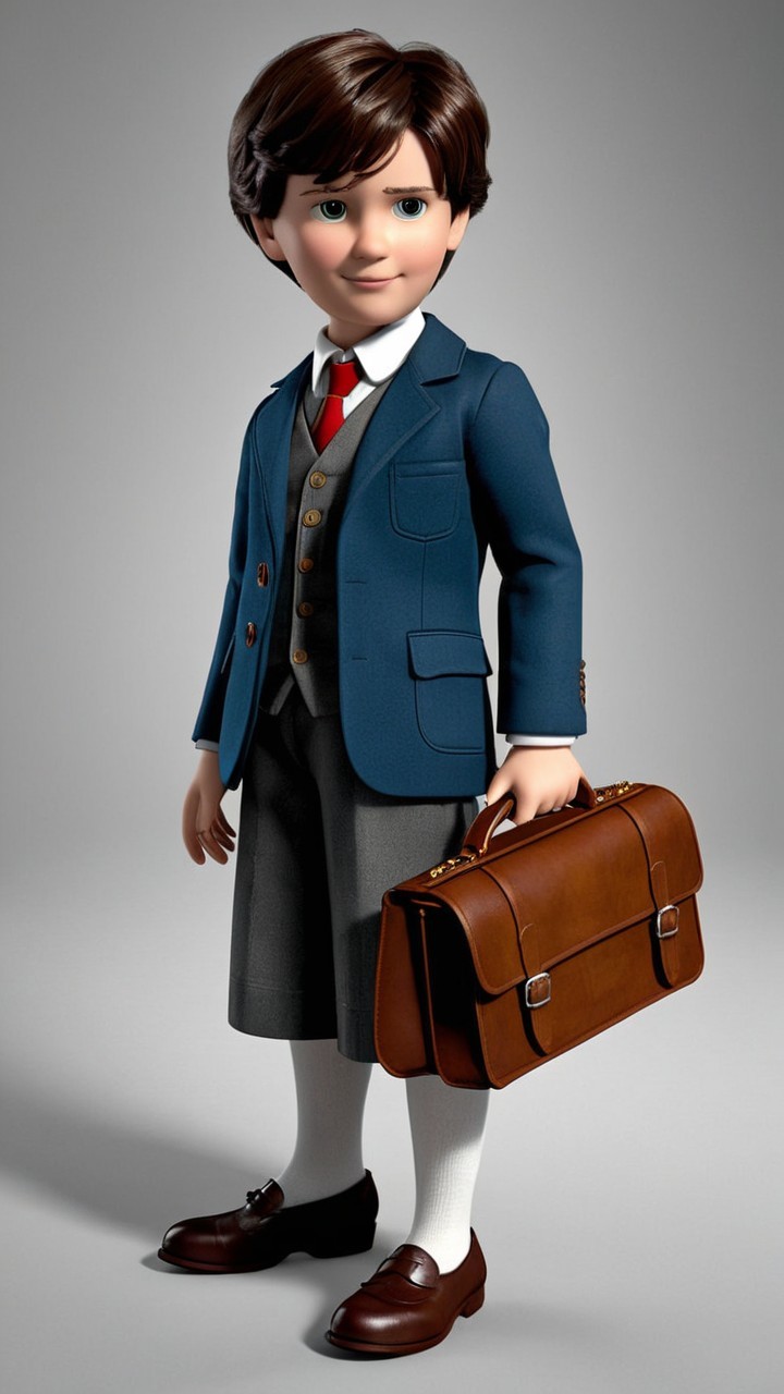 Young Boy in Formal Attire with Briefcase and Charm