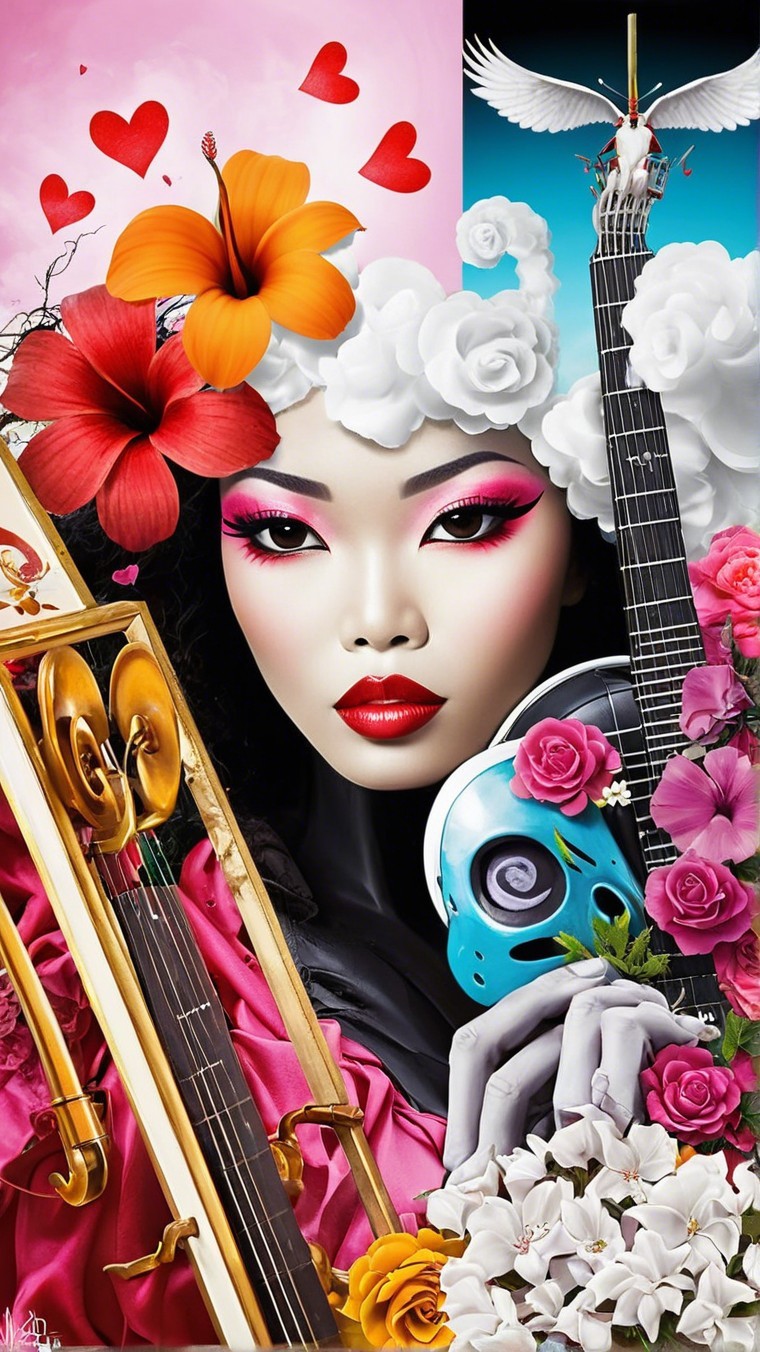 Stylized portrait of a woman with floral and musical themes