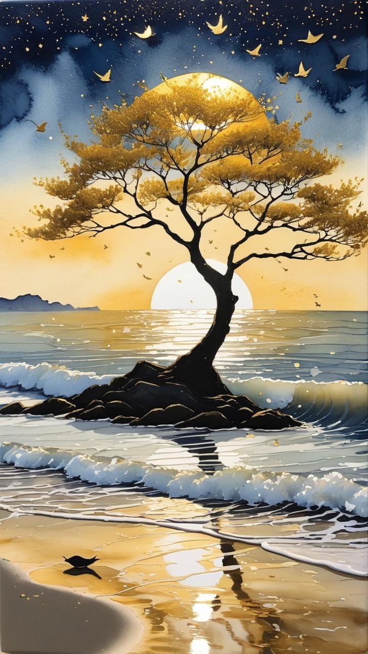 Serene Sunset Landscape with Tree and Ocean Waves