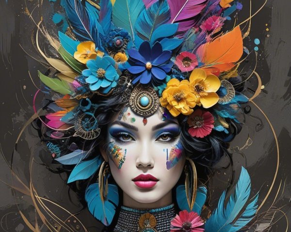 Striking Woman with Vibrant Colors and Intricate Decor