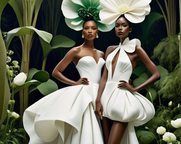 Tropical Models in Elegant White Gowns with Floral Accents
