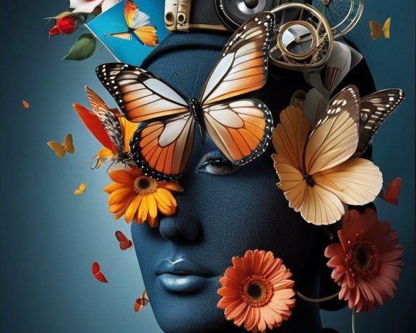 Stylized Bust with Blue Skin and Floral Elements