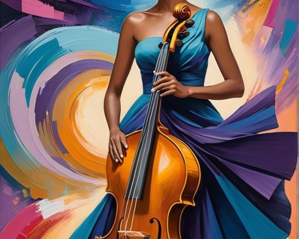 Portrait of a Woman with Afro and Cello in Colorful Background