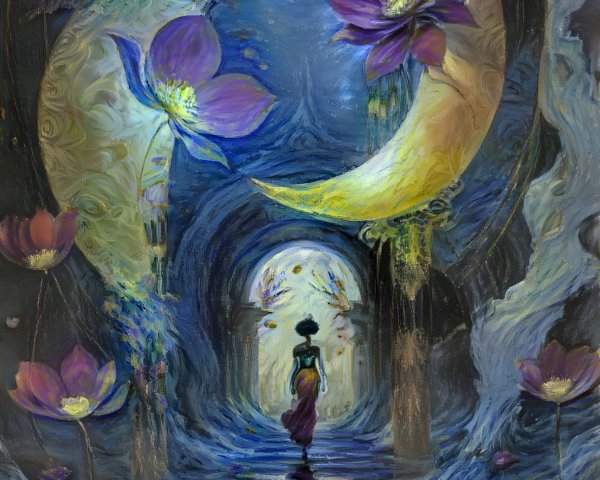 Mystical Scene with Crescent Moons and Vibrant Flowers