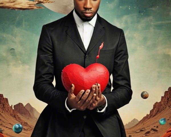 Man in Black Suit with Heart Against Cosmic Background