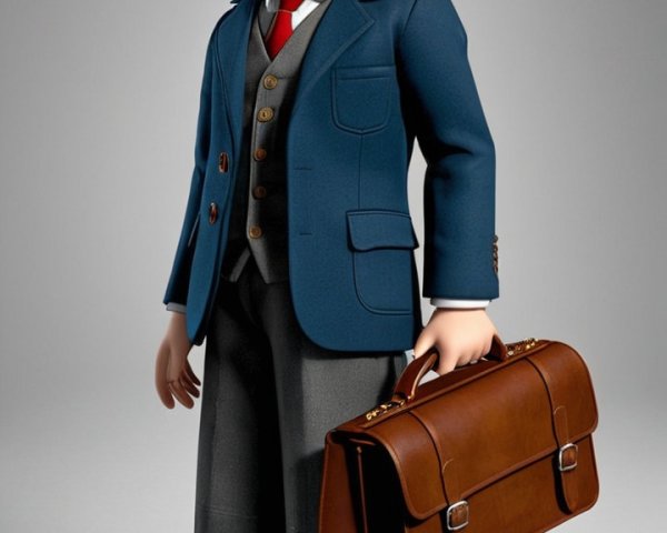 Young Boy in Formal Attire with Briefcase and Charm
