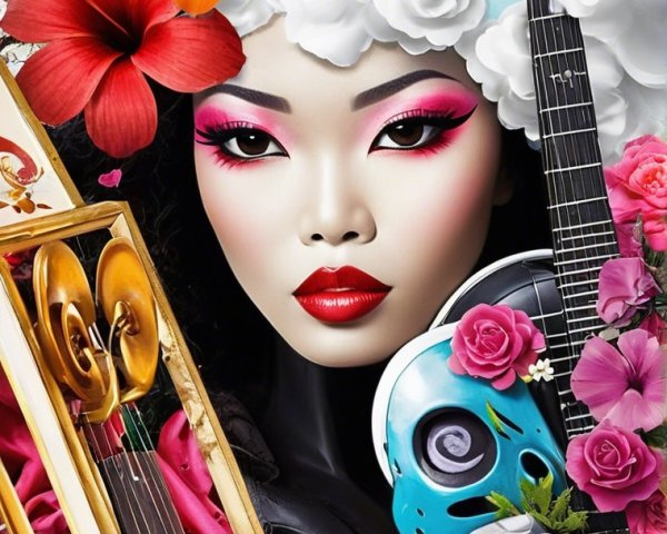 Stylized portrait of a woman with floral and musical themes