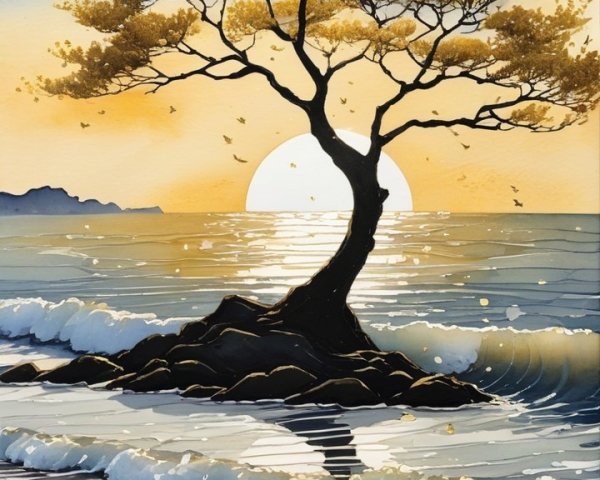 Serene Sunset Landscape with Tree and Ocean Waves