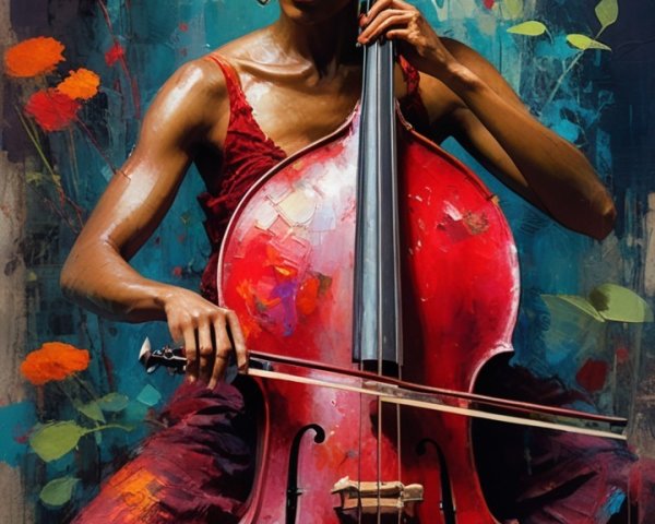 Young Woman Playing a Vibrant Red Cello in Colorful Scene