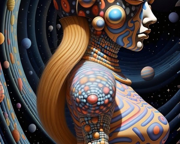Cosmic Figure with Celestial Patterns and Vibrant Colors