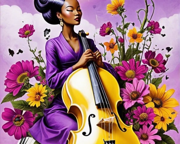 Woman in Purple Dress Playing Cello Among Flowers