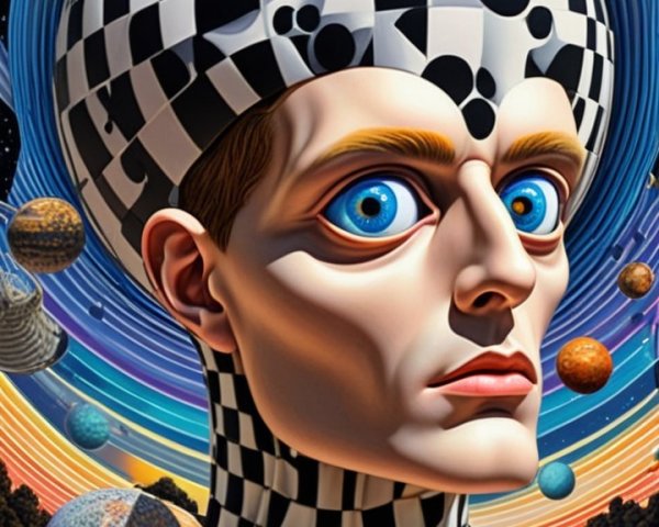 Surreal Figure with Checkerboard Pattern in Cosmic Scene