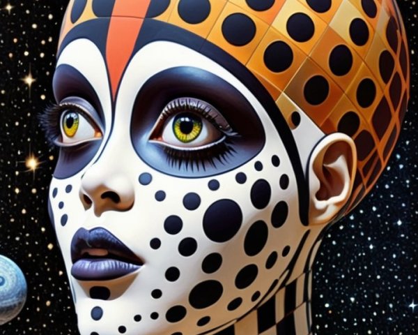 Futuristic figure with cosmic background and unique patterns