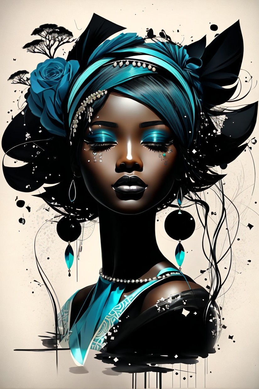 Stylized Portrait of a Black Woman with Floral Headdress