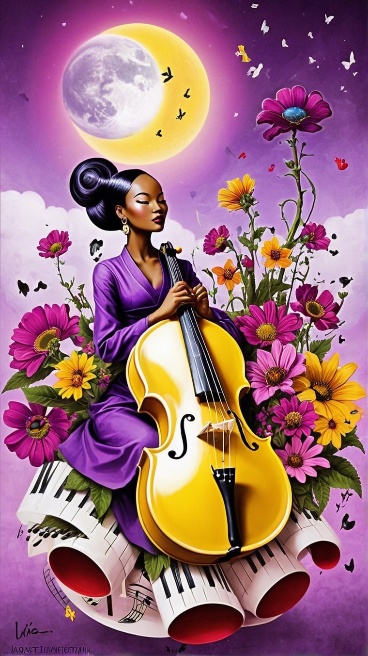 Woman in Purple Dress Playing Cello Among Flowers