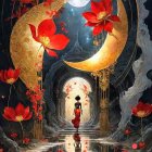 Mystical Scene with Crescent Moons and Vibrant Flowers