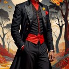 Man in Black Suit with Heart Against Cosmic Background