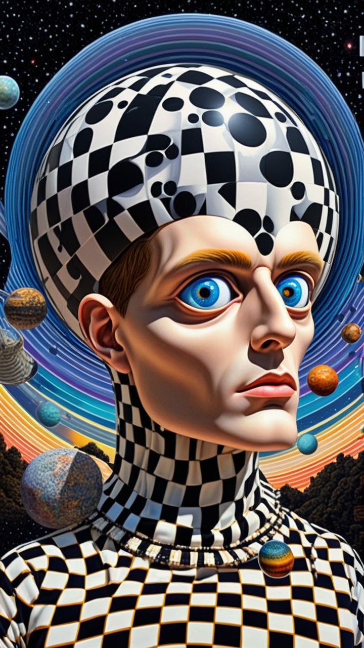 Surreal Figure with Checkerboard Pattern in Cosmic Scene