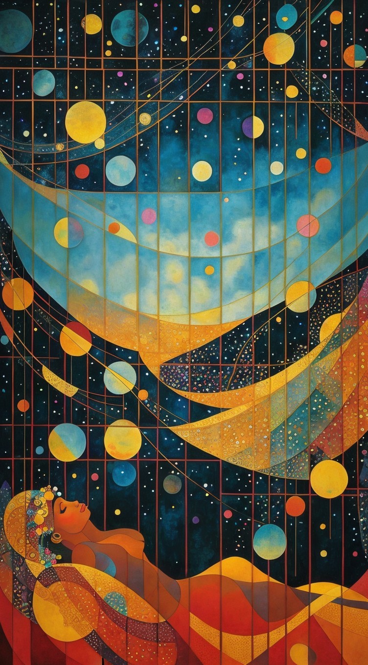 Woman Resting in Cosmic Harmony and Vibrant Colors