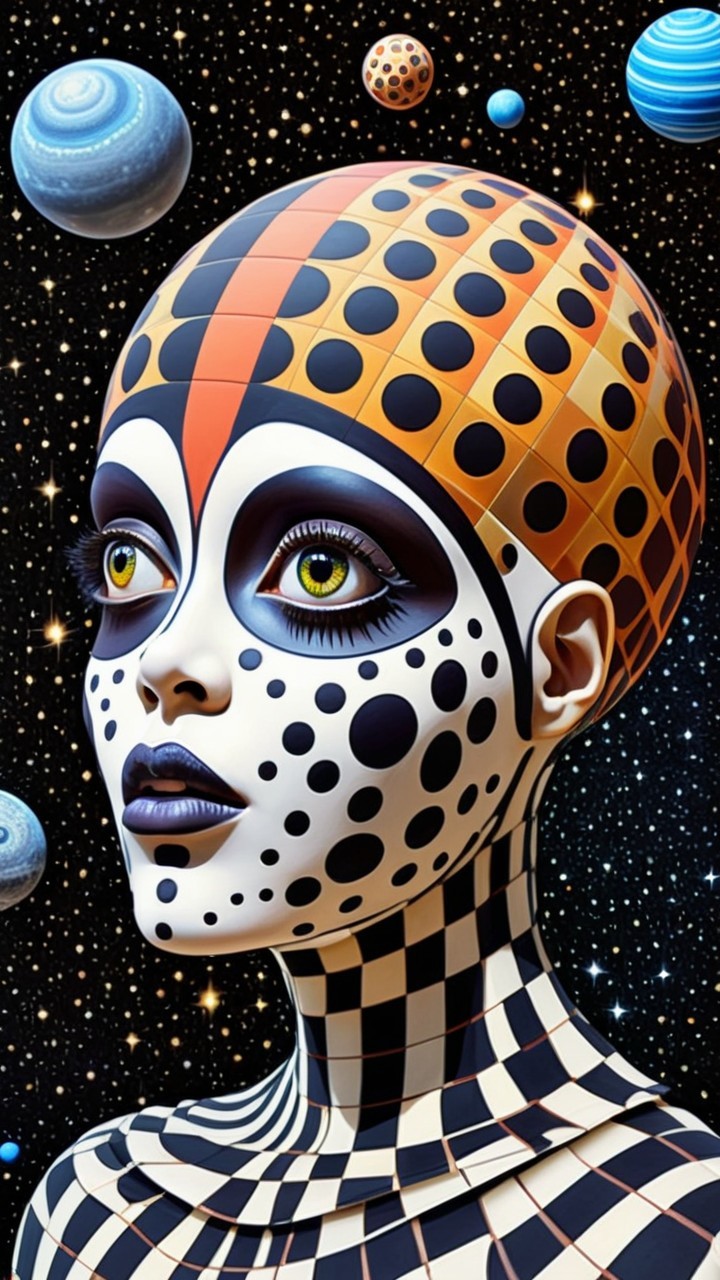 Futuristic figure with cosmic background and unique patterns