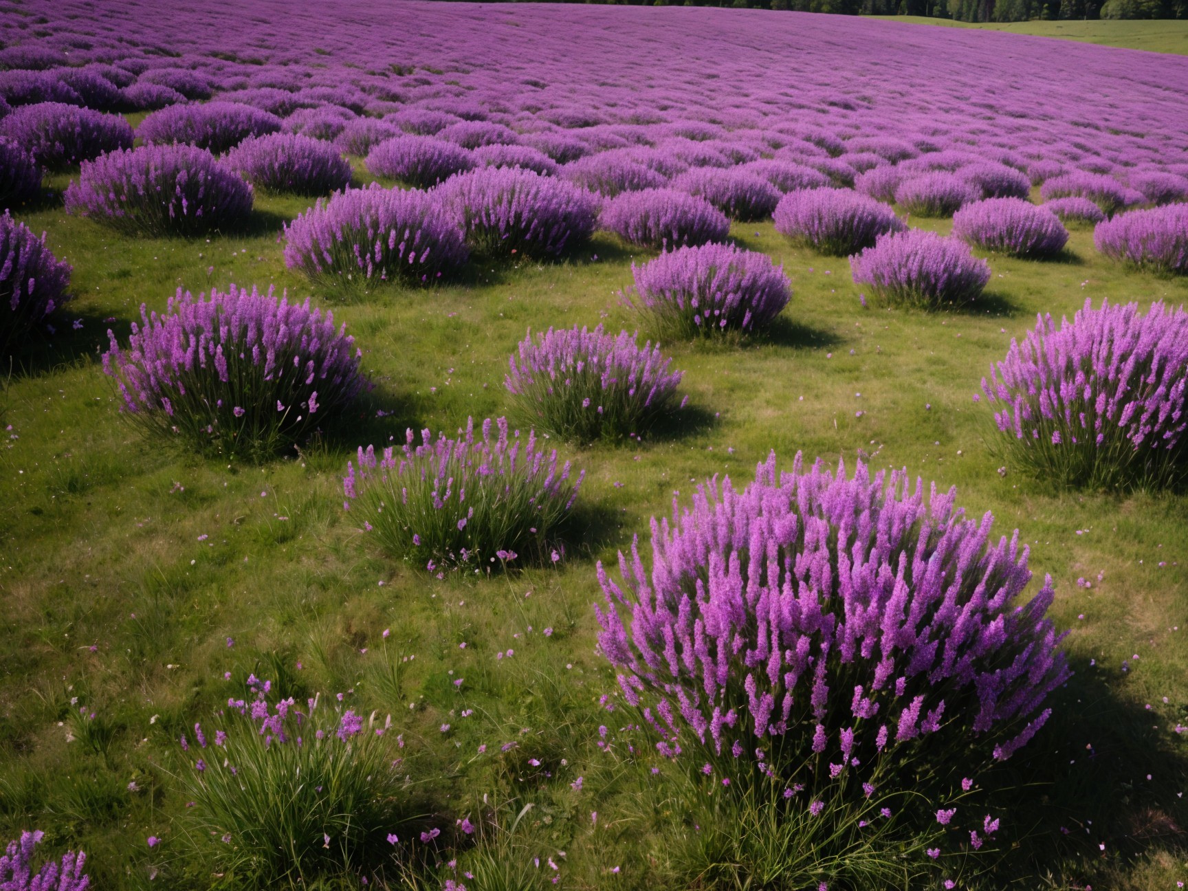 Lavender Field with Vibrant Purple Blooms and Green Grass