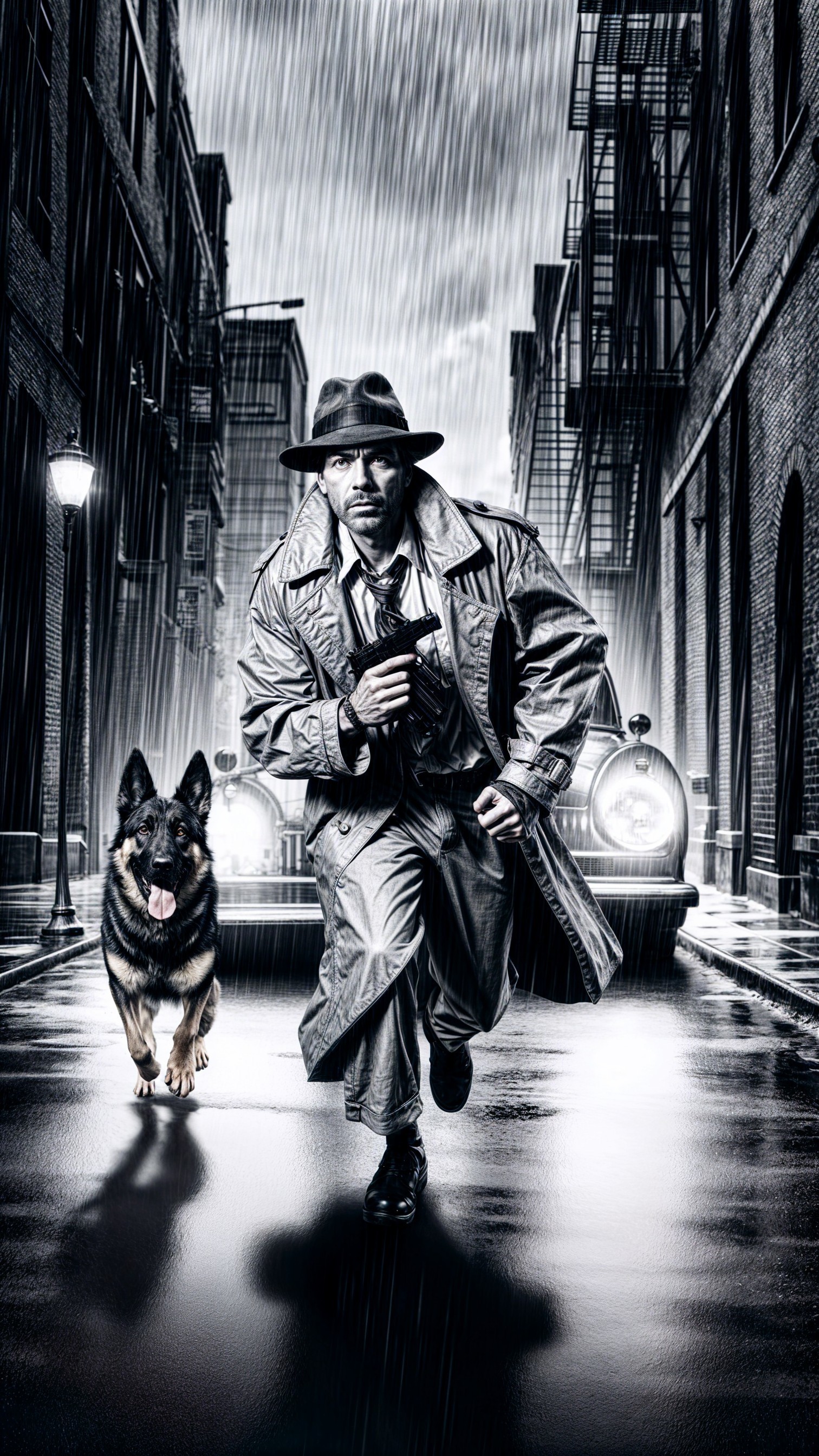 Detective and German Shepherd in Rainy Urban Alley