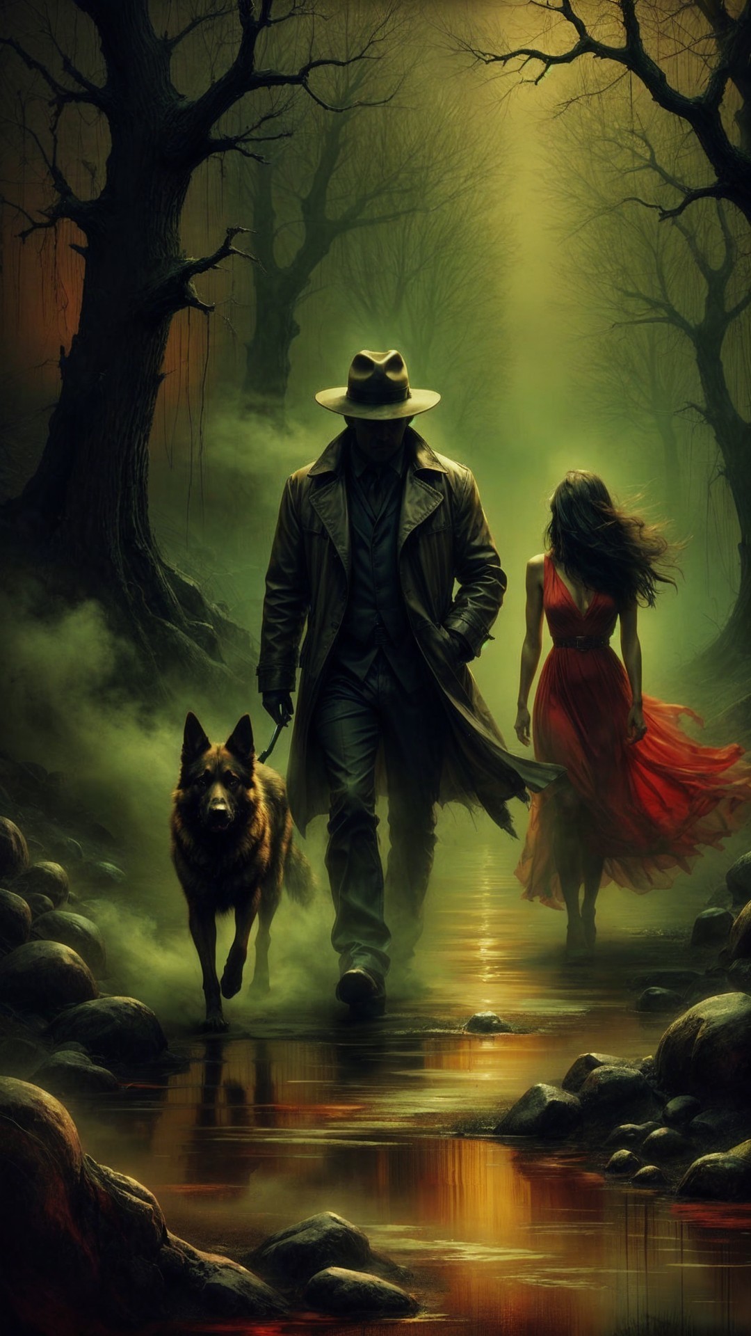 Mysterious Forest Scene with Silhouetted Figures