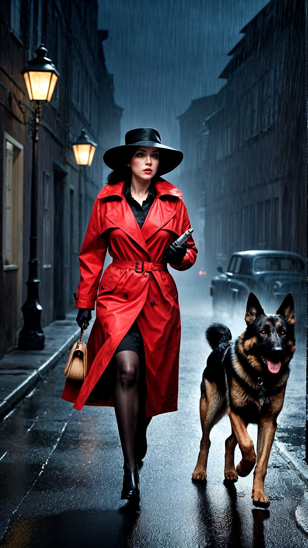 Stylish Woman in Red Trench Coat on Rainy Street