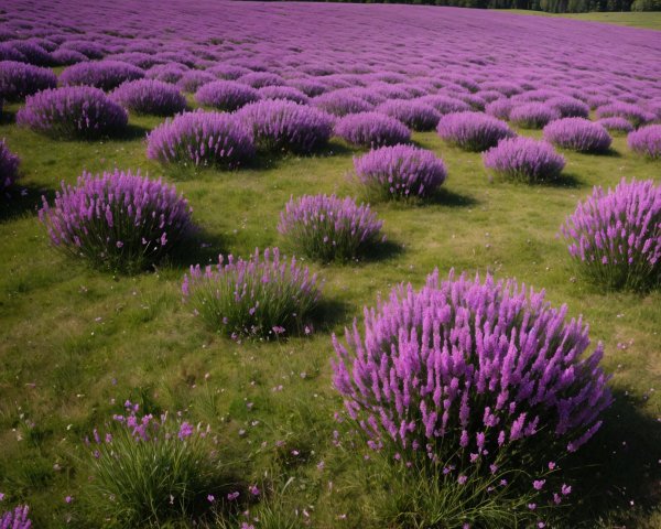 Lavender Field with Vibrant Purple Blooms and Green Grass