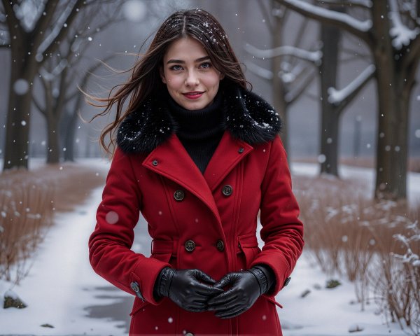 Young woman in red coat in snowy park setting