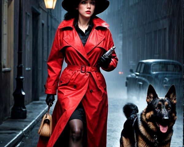 Stylish Woman in Red Trench Coat on Rainy Street