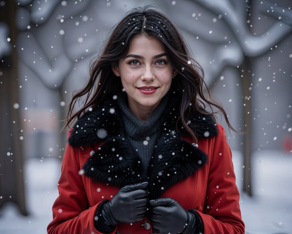 Young woman in red coat in snowy winter landscape