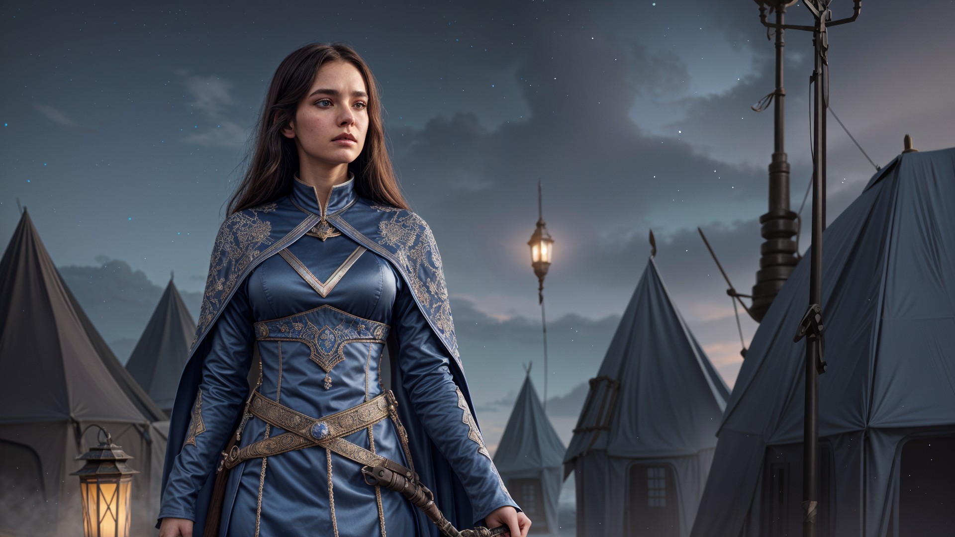 Young woman in blue garment with sword in mystical setting