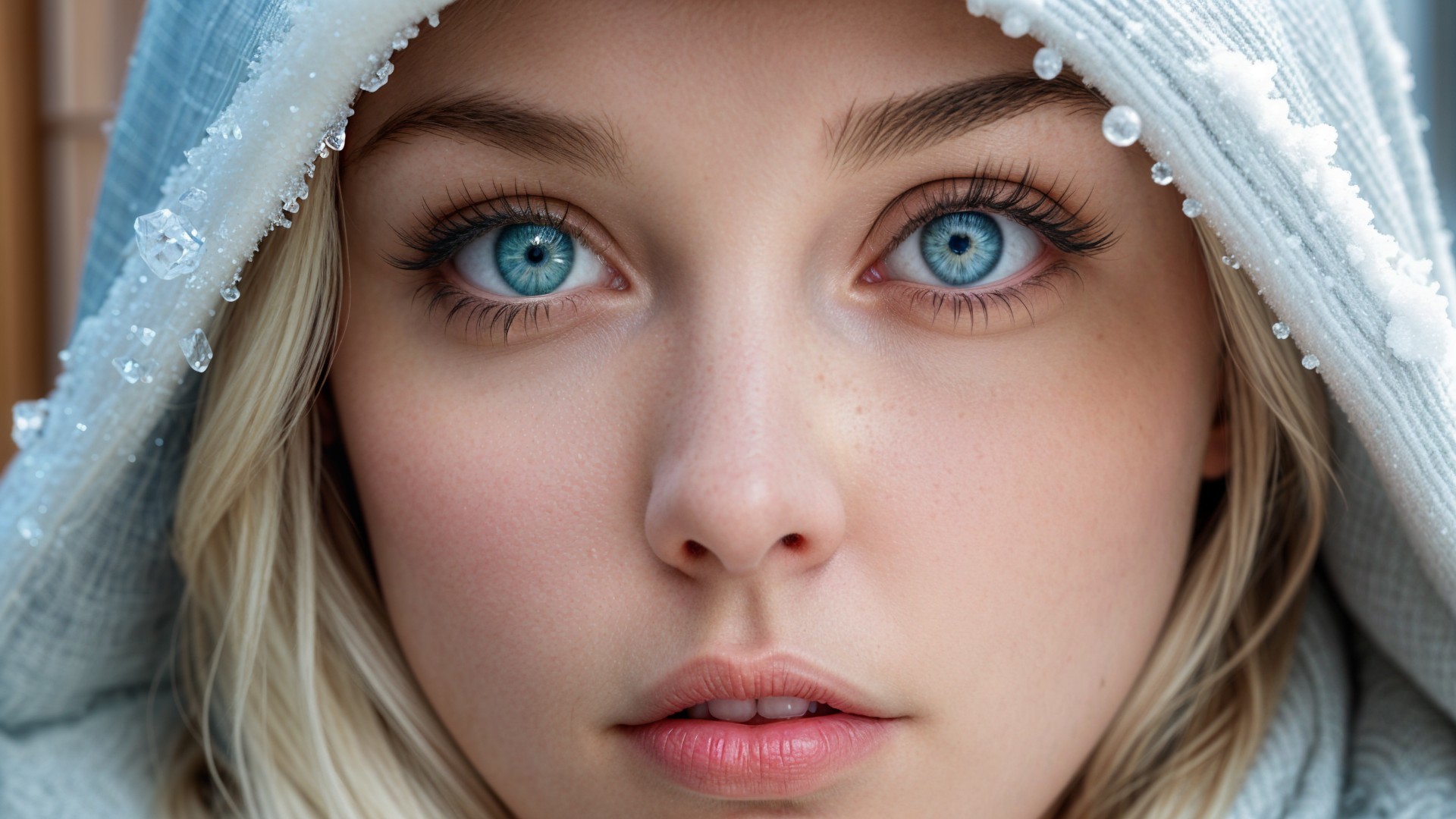 Young woman with blue eyes in winter-themed portrait