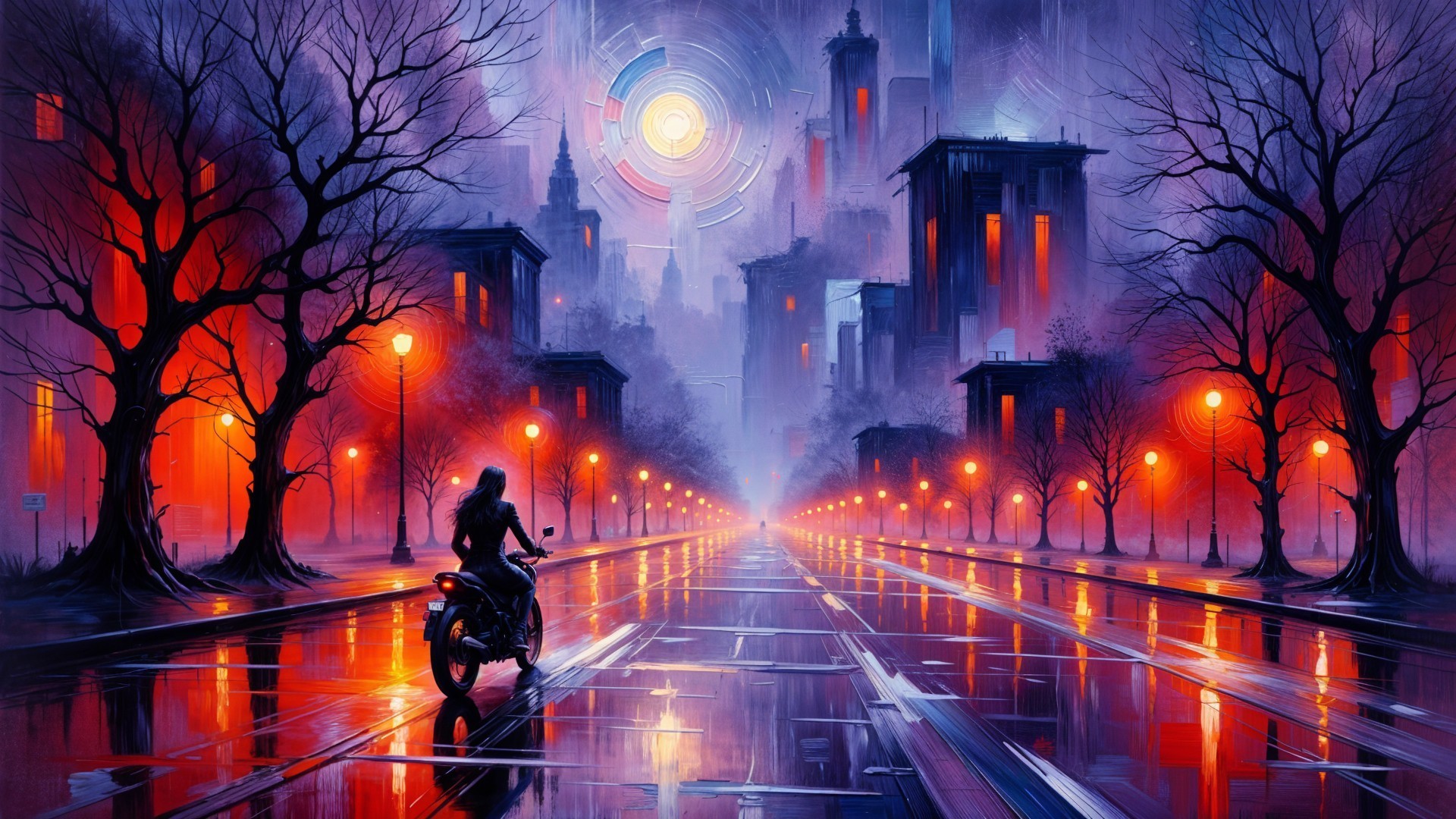 Motorcycle Rider on Vibrant Reflective Street Scene