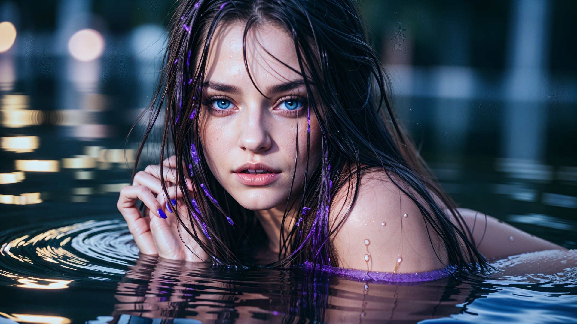 Close-up of a young woman with wet hair in water