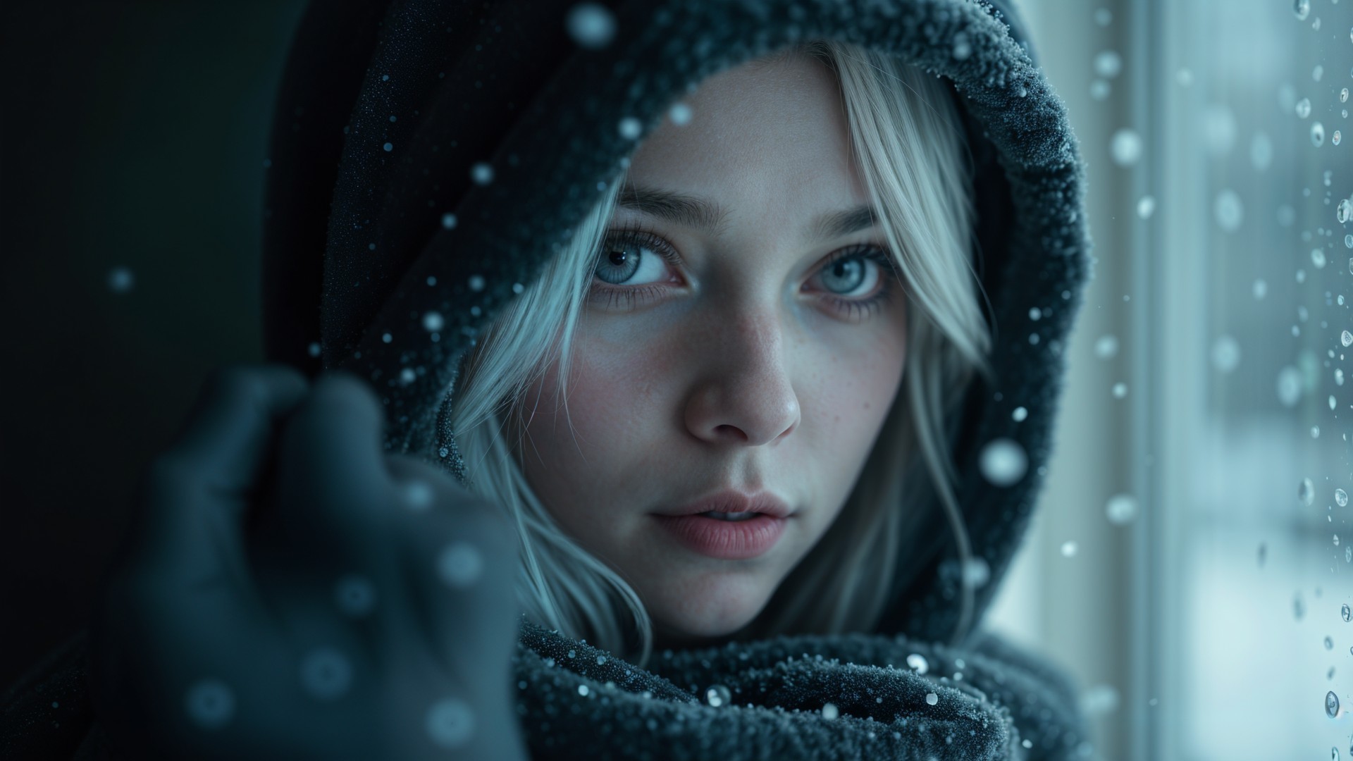 Young woman in cozy hooded garment in winter scene