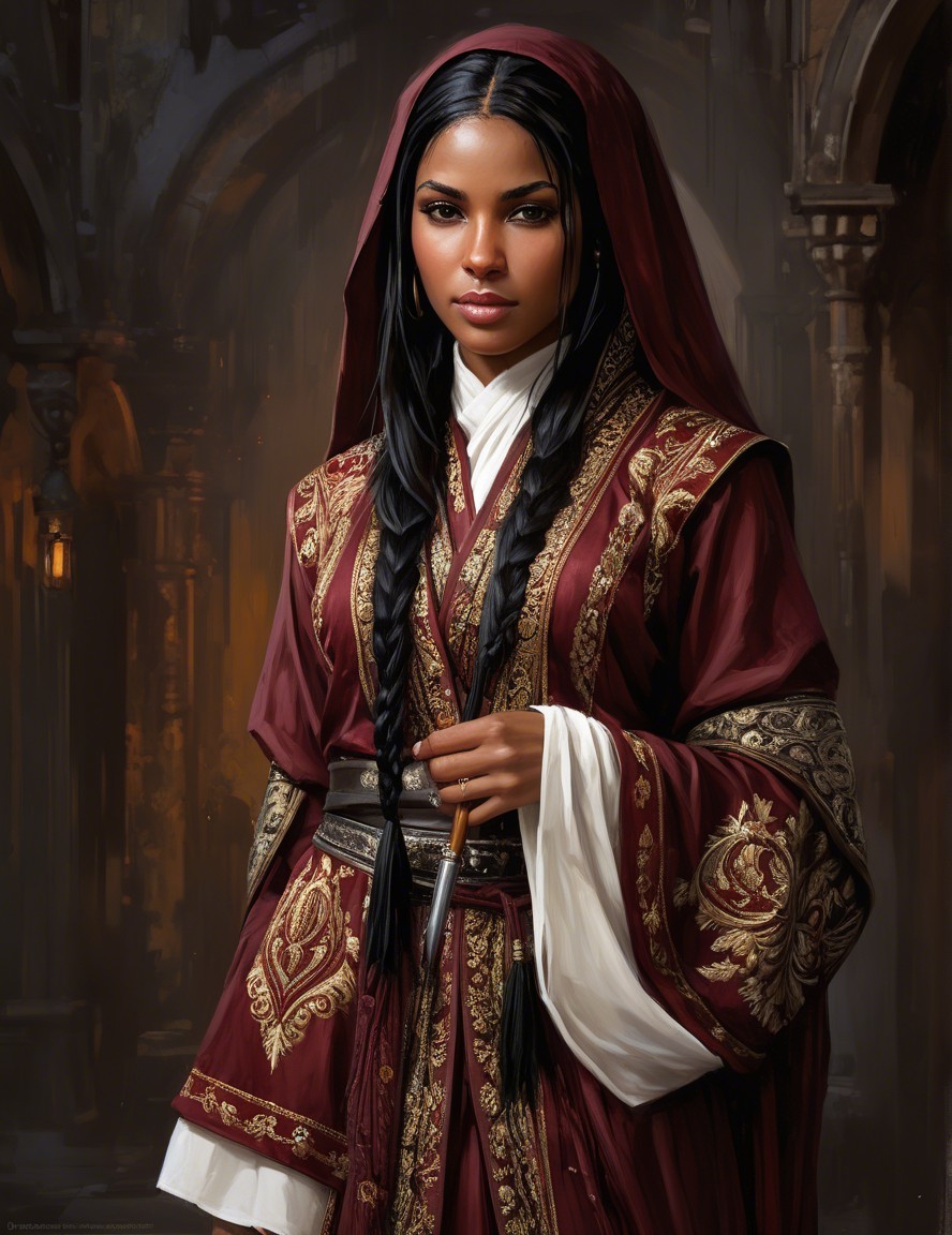 Poised Woman in Ornate Maroon Robe and Braids