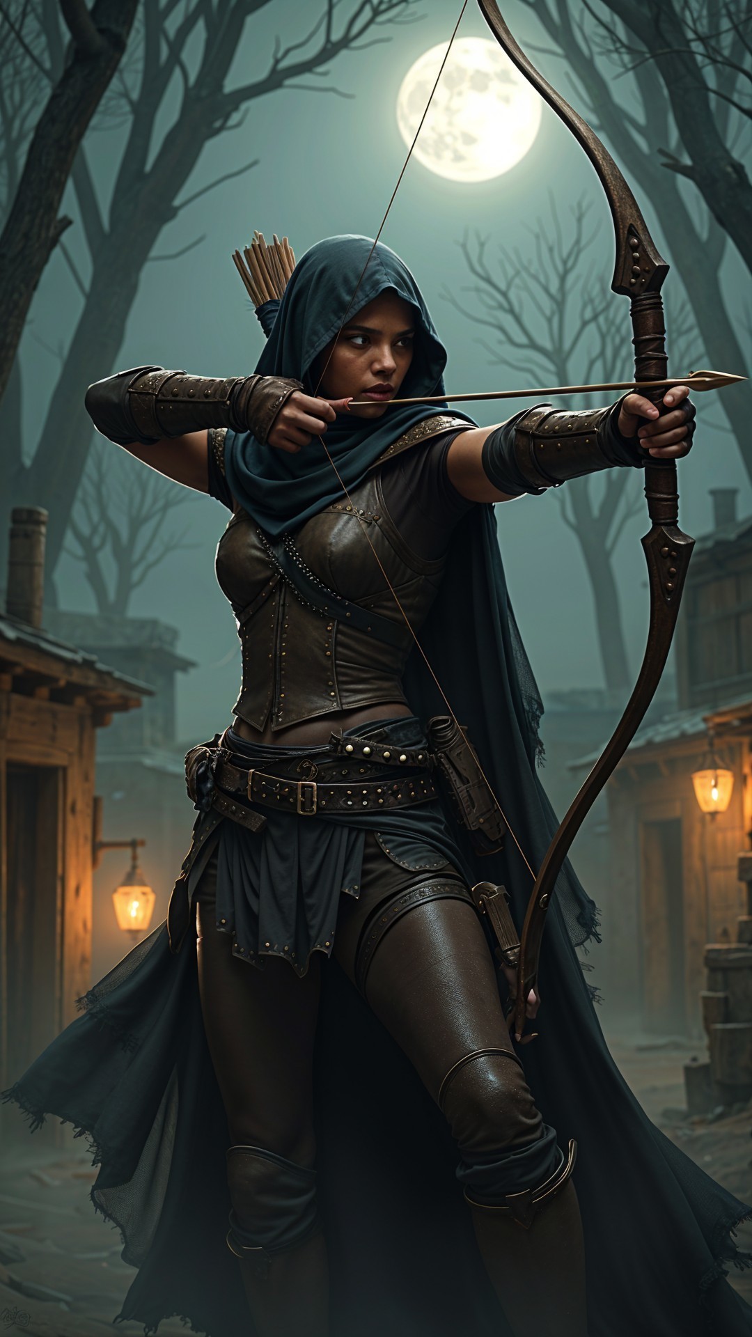 Archer in Dark Armor Poised Under Full Moon in Forest