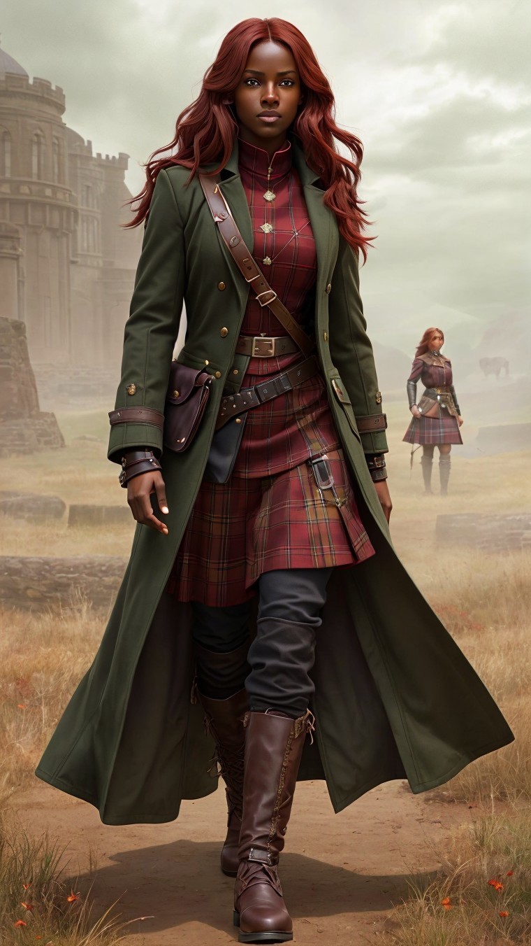 Confident Woman in Misty Landscape with Castle Backdrop