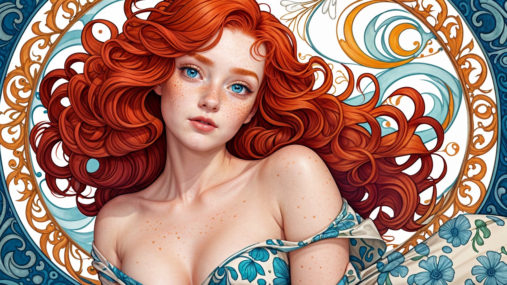 Young Woman with Red Hair and Floral Dress