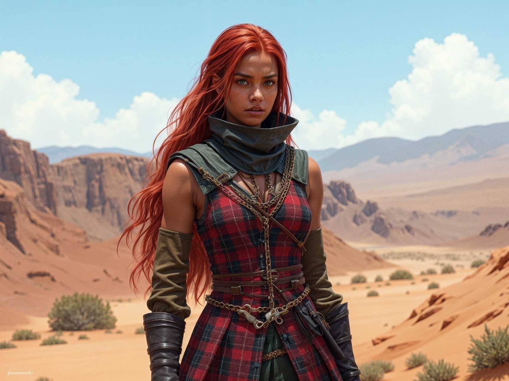 Woman with Red Hair in Desert Warrior Outfit