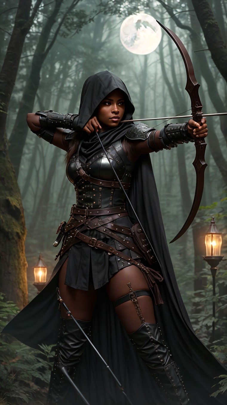Female Archer in Misty Forest with Lanterns and Moon