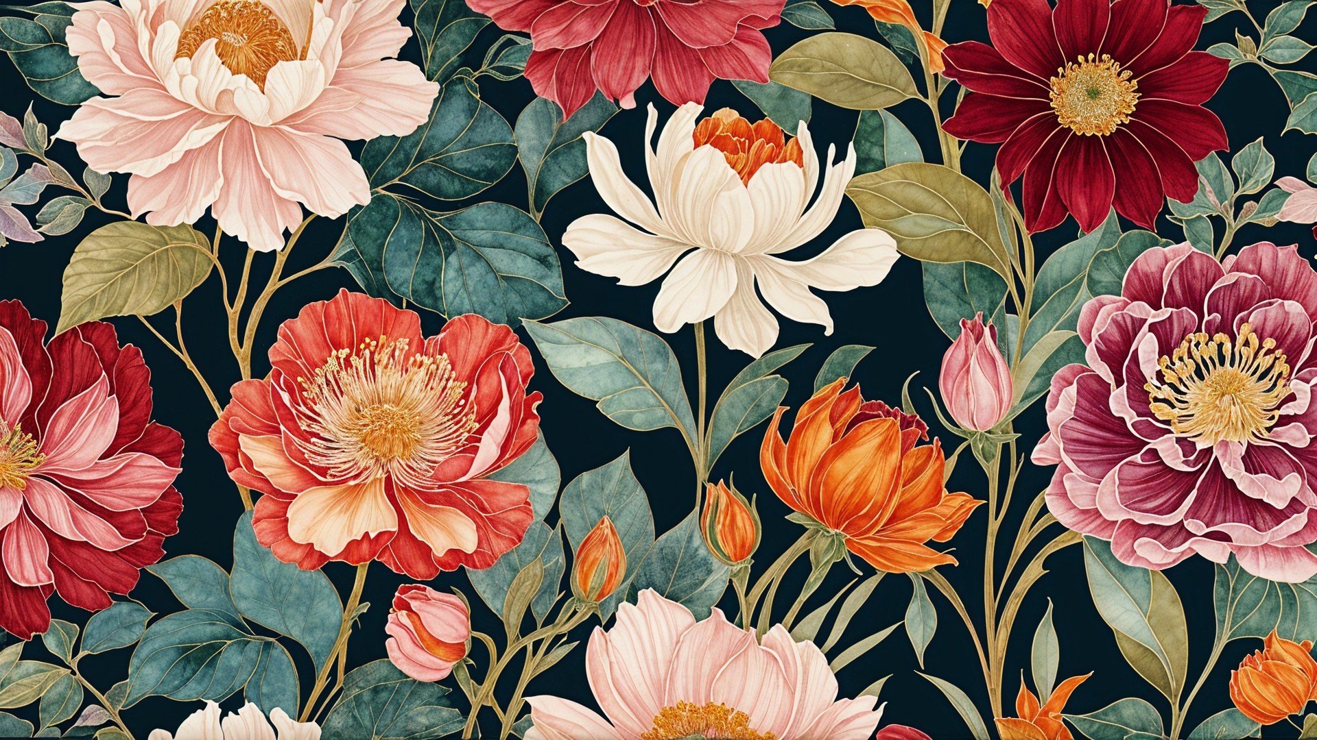 Vibrant Floral Pattern with Colorful Blossoms on Navy
